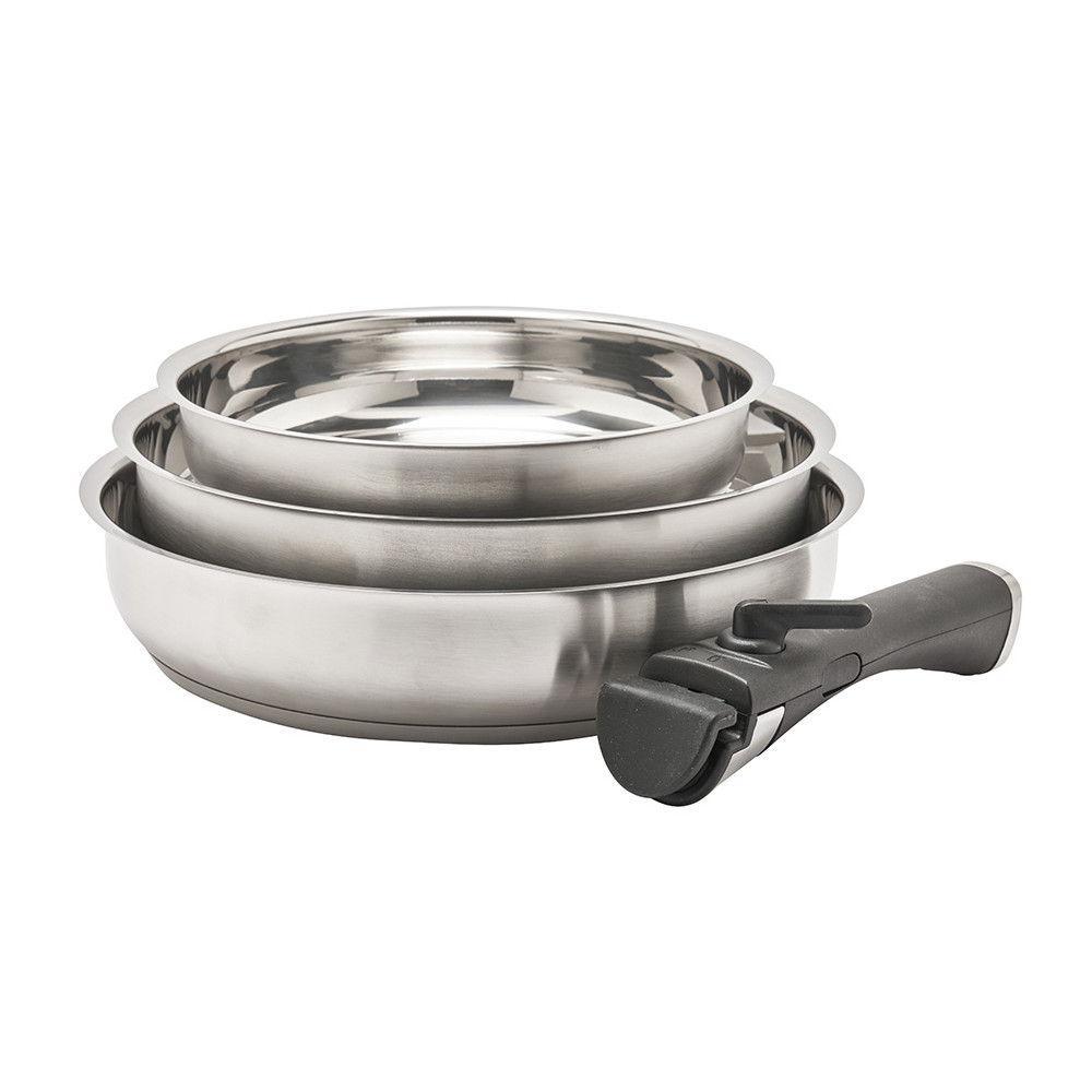 Lot de 3 poêles tout inox + 1 manche amovible