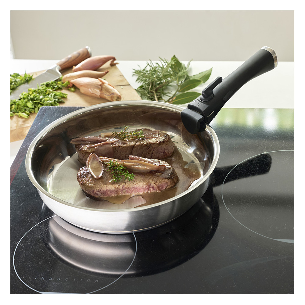 Lot de 3 poêles tout inox + 1 manche amovible